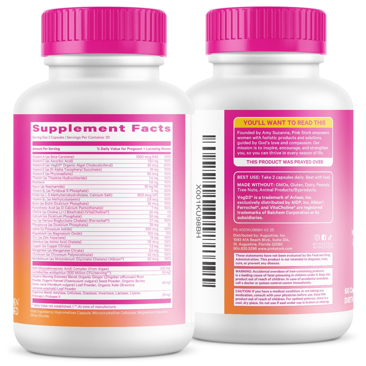 Two supplement bottles with pink caps and labels on a white background