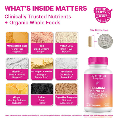 Supplement product display with various health benefits and a bottle of Pink Stork Prenatal supplement.