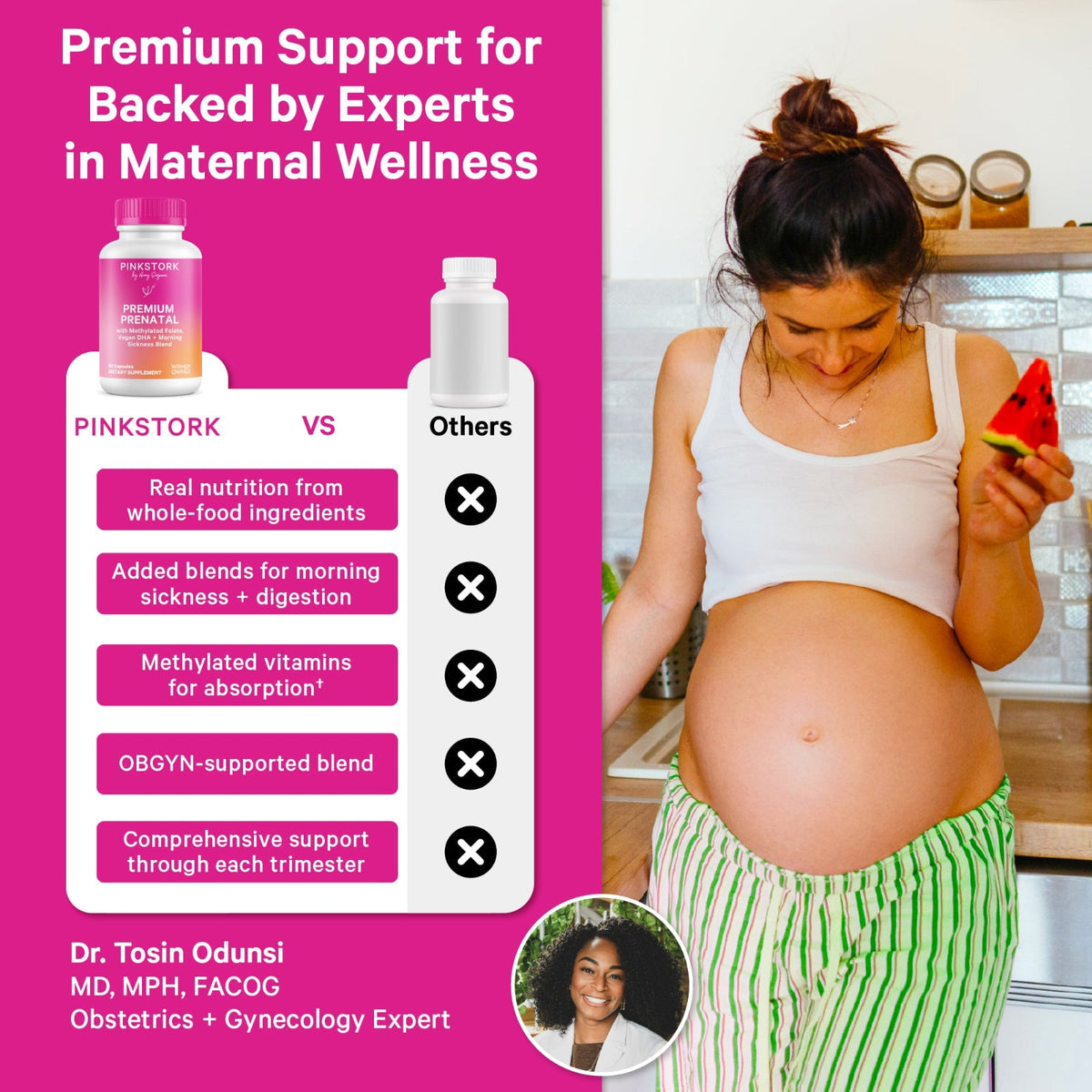 Pregnant woman holding a watermelon with Pink Stork product and text about maternal wellness support.