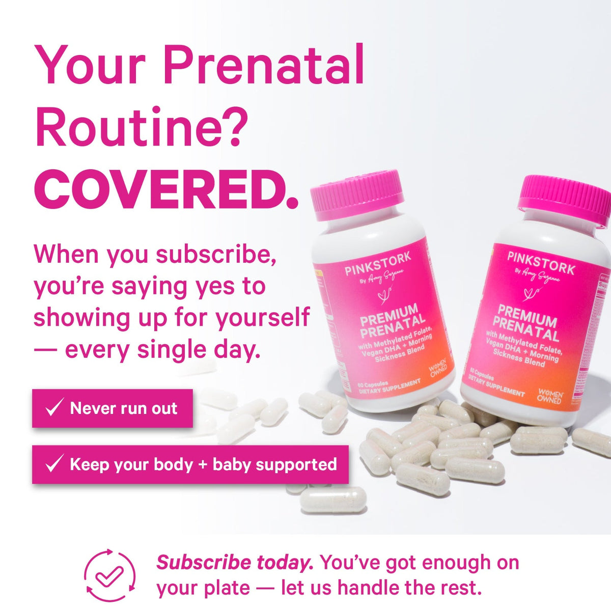 Pink Stork prenatal supplement bottles with pink caps on a white background