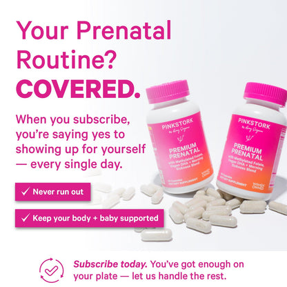 Pink Stork prenatal supplement bottles with pink caps on a white background