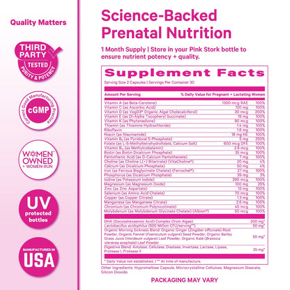 Supplement facts label for prenatal nutrition with pink and white color scheme.