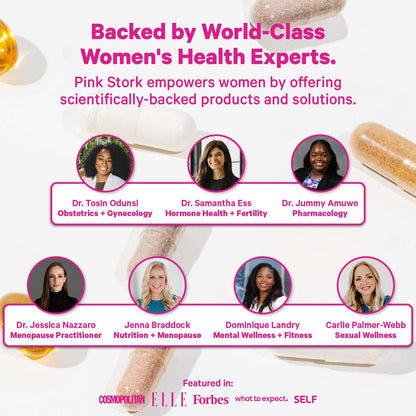 Advertisement featuring World-Class Women's Health Experts from Pink Stork, with product images and expert bios.