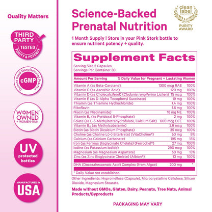 Supplement label for prenatal nutrition with various certifications and details on a pink background.