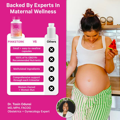 Pregnant woman holding a watermelon with Pink Stork product and expert endorsement on a pink background