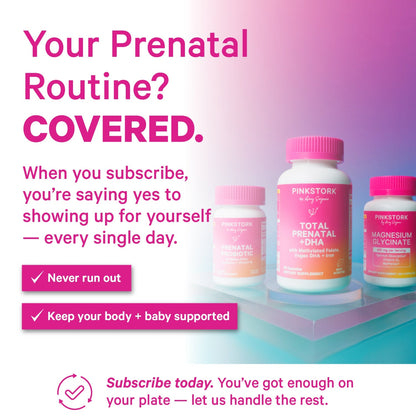 Pink Stork prenatal supplement bottles with promotional text on a gradient background
