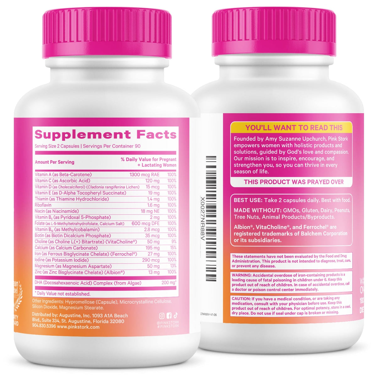 Two supplement bottles with pink caps and labels on a white background