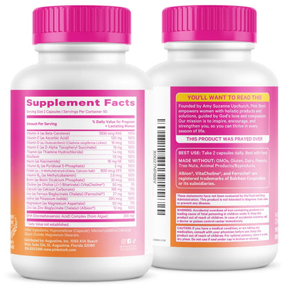 Two supplement bottles with pink caps and labels on a white background