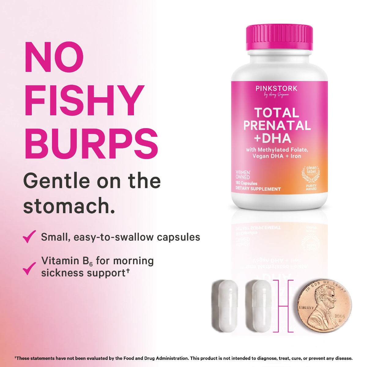 PinkStork Total Prenatal + DHA dietary supplement bottle with a pink cap, shown on a pink gradient background with marketing text about no fishy burps and two capsules plus a coin size reference.