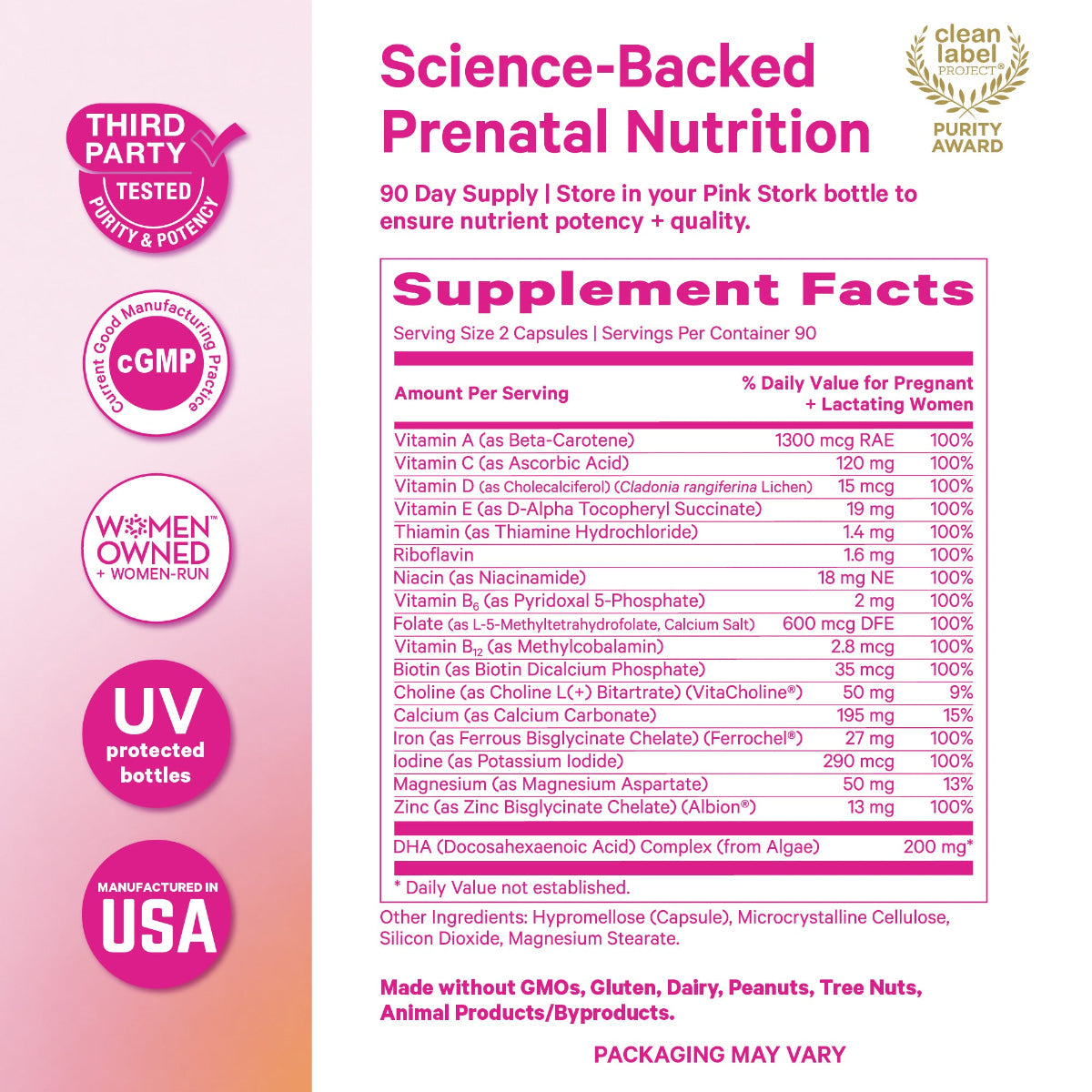 Prenatal nutrition supplement label with various certifications and facts.