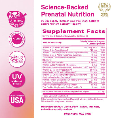 Prenatal nutrition supplement label with various certifications and facts.