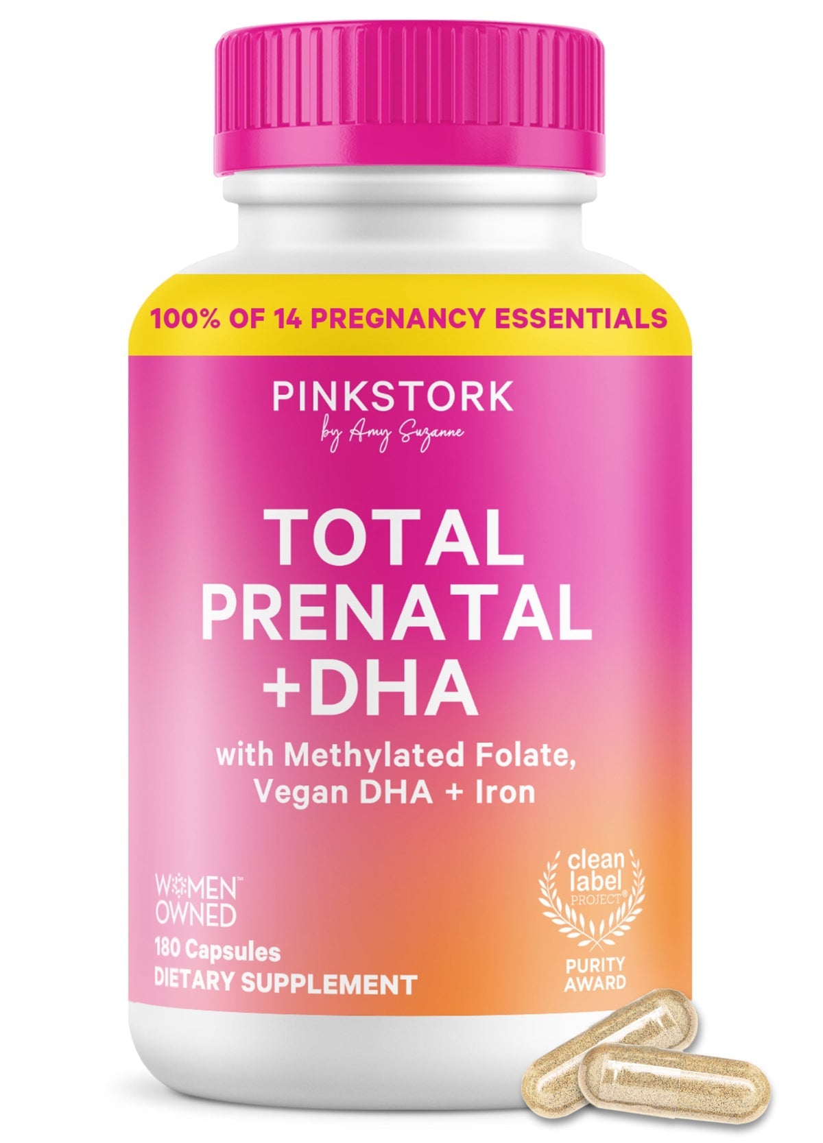 PinkStork Total Prenatal + DHA dietary supplement bottle with a white body, bright pink cap, and pink-to-orange gradient label, shown on a white background with two capsules in front.